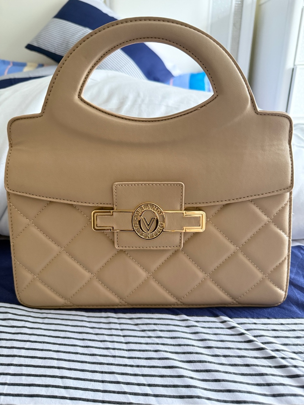 Valentino Orlandi Quilted Beige Top-Handle Satchel with Gold Hardware